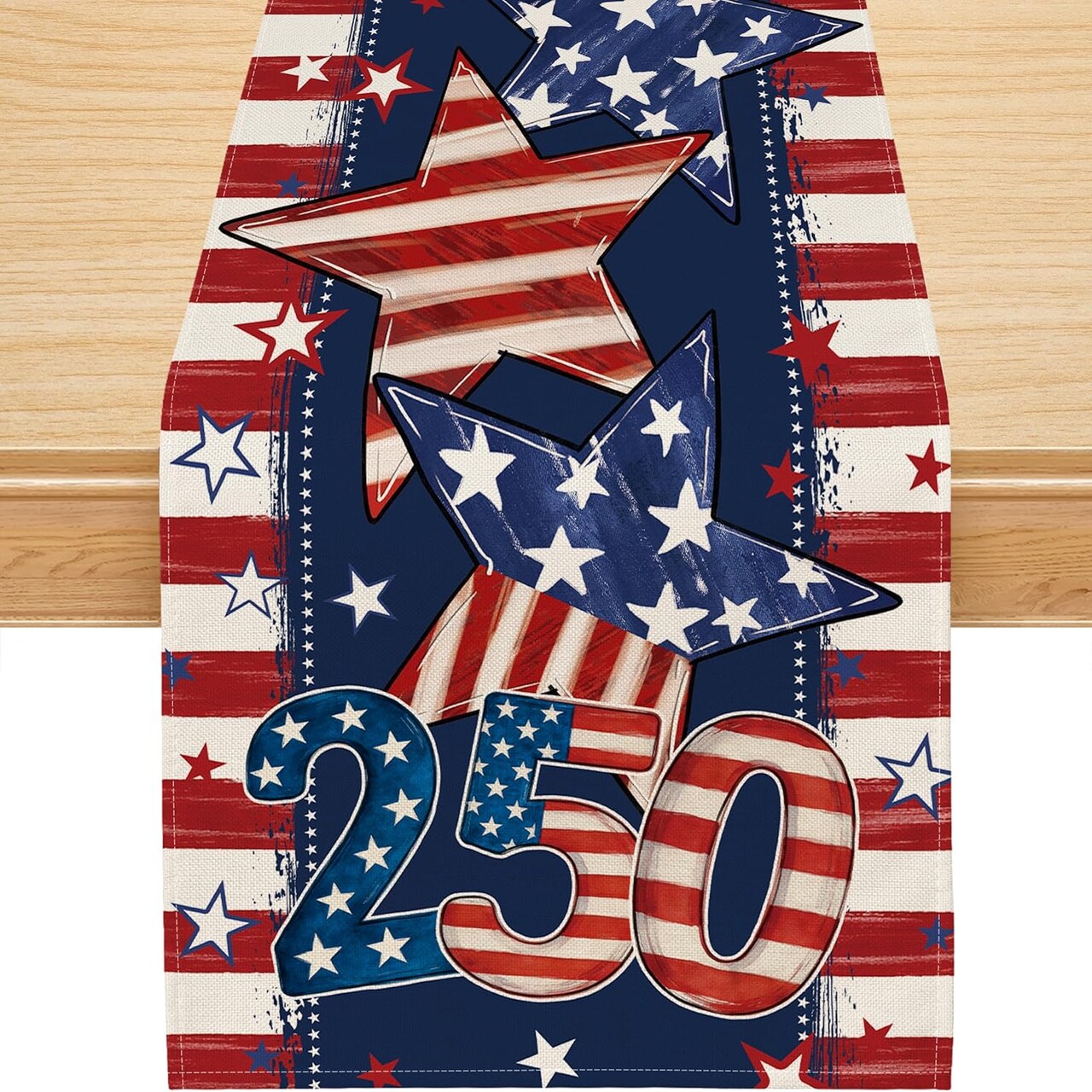 250th Anniversary USA Table Runner - 13x36 Inch Red White and Blue Patriotic Stars Decor - Burlap Texture Polyester Table Runner for 4th of July, Memorial Day, and Independence Day Feasts